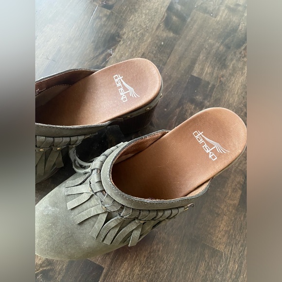 Green/Gray Nubuck Dansko Heeled Clogs - Picture 5 of 10